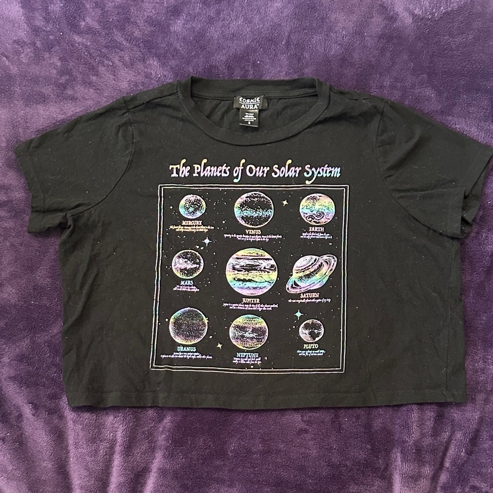 3/10 The Planets of Our Solar System Graphic Foil Crop Tee - Black hot topic